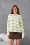 Women's Polo Neck Half Placket Button Closure Striped Knit Sweater - 4