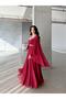 Red Stone Embroidered Tulle Cape Evening Dress - 3