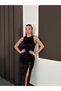 Women's Black Accessory Detailed Slit Velvet Dress - 5