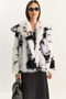 Women's Bone Black Cow Patterned Lined Faux Fur Jacket 3489 60283866 - 2