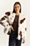 Women's Bone Brown Cow Patterned Lined Faux Fur Jacket 3489 60283866 - 3