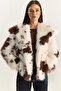 Women's Bone Brown Cow Patterned Lined Faux Fur Jacket 3489 60283866