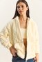 Women's Cream Self-Patterned Pocket Detailed Zippered Hooded Plush Cardigan 4116 60283844 - 5