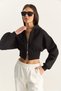 Women's Black Zippered Hooded Waist-Fitted Flexible Knitted Crop Sweatshirt 60283858 - 3
