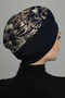 Special Design Navy Blue with Beige Embroidery Oval Patterned Lined Ready-To-Wear Turban Hijab Evening Dress Bonnet - 6