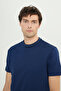 Men's Navy Blue 100% Cotton Slim Fit Slim Fit Crew Neck Jacquard T-Shirt - 4
