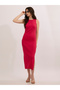 Pink Ribbed Bodycon Dress with Side Slit - 5