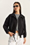 Women's Black Oversize Buckle-Lined Suede Bomber Jacket 2789 60281130 - 2
