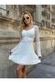 Long Sleeve Sweetheart Neckline Gathered Bust Lined Flared Hem Lace Mini Dress - 3