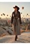 Imported Fabric Leather Detailed Belted Buttoned Lined Special Design Checkered Maxi Coat - 3