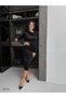Black Long Sleeve Gathered Detail Velvet Fabric Midi Length Dress - 2