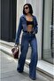 Dark Navy Rhinestone Denim Set Oversized Jacket and High-Waist Pants