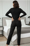 Black V-Neck Brushed Soft Corded Fabric Ribbed Knit Pajama Set 7966 - 4