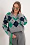 Women's V-Neck Baklava Pattern Knitwear Knitted Sweater 255189 -