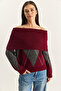 Women's Burgundy Anthracite Madonna Collar Diamond Patterned Knitwear Sweater 20251082 - 2