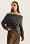Women's Anthracite Brown Madonna Collar Diamond Patterned Knitwear Sweater 20251082 - 2