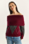 Women's Burgundy Anthracite Madonna Collar Diamond Patterned Knitwear Sweater 20251082 - 4