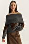 Women's Anthracite Brown Madonna Collar Diamond Patterned Knitwear Sweater 20251082 - 4