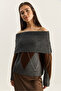 Women's Anthracite Brown Madonna Collar Diamond Patterned Knitwear Sweater 20251082 - 5