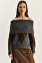 Women's Anthracite Brown Madonna Collar Diamond Patterned Knitwear Sweater 20251082
