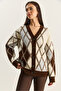 Women's Brown Ecru V-Neck Buttoned Diamond Patterned Cardigan 20258052 - 4