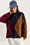 Women's Navy Blue Claret Red Argyle Sweater 20251095
