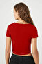 Women's Red Square Neck Short Sleeve Double Layer Sandy Fabric Basic Body Crop T-Shirt - 2