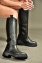 V973555509 Black Leather Flat Sole Women's Riding Boots - 3