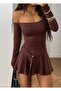 Strapless Neck Buckle Detailed Long Sleeve Stretch Fabric Mini Dress (Transitional and Winter) - 2