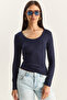 Women's Navy Blue Ultra Soft U-Neck Blouse 122 60283831 - 4