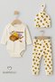 Halasın Balı 3-Piece Newborn Set 100% Cotton Long Sleeve Bodysuit, Floral Bee Pattern Ribbed Pants, Beanie - 3