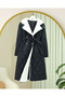 Quilted Coat with Collar and Plush Lining Inside, Belted Waist, Pockets - Black - 4