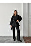 Women's Black Stone Embroidered Waist Tie Detailed Blouse Pants Bottom Top Two-Piece Set - 6