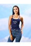 Women Navy And White Double Strap Printed Rib Vest