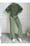 Women's Green Color Comfortable Cut Striped Turtleneck Knitwear Set - 4