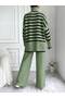 Women's Green Color Comfortable Cut Striped Turtleneck Knitwear Set - 5