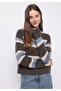 Regular Fit Round Neck Striped Women's Brown Sweater