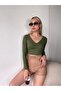 Women's Khaki V-Neck Soft Fabric Crop Blouse - 2