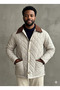 Men's Ecru Regular Fit Premium High Quality Snap Closure Gabardine Quilted Coat with Collar Detail - 3