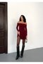 Women's Clothing Burgundy Color Boat Neck Detailed Skirt Layered Ruffles Sandy Fabric Mini Dress. - 4