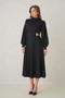 Women's Stretchy Crepe Fabric Detachable Gold Brooch Long Sleeve Midi Length Flared Cut Black Dress 77155 - 8