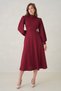 Women's Stretchy Crepe Fabric Detachable Gold Brooch Long Sleeve Midi Length Flared Cut Burgundy Dress 77155 - 8