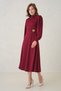 Women's Stretchy Crepe Fabric Detachable Gold Brooch Long Sleeve Midi Length Flared Cut Burgundy Dress 77155 - 4