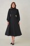 Women's Stretchy Crepe Fabric Detachable Gold Brooch Long Sleeve Midi Length Flared Cut Black Dress 77155 - 7