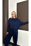 Women's Navy Blue Oversized Tracksuit Set Comfortable Fit Sweatshirt and Elastic Leg Bottom - 2