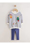 100% Organic Cotton Cream/Navy Blue Striped Christmas Pattern Long Sleeve 2-Piece Bottom Top Set Alyf74694 - 5