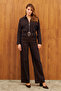 Navy Blue Striped Belted Zippered Short Jacket - 5