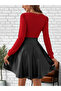 Women's Red Color Leather Skirt Dress (Without Belt) - 4