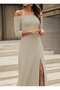Women's Long Sleeve Madonna Collar Slit Detail Long Imported Crepe Dress - 2