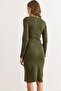 Women's Khaki Button Detailed Slit Midi Stretchy Dress Elb-19002256 - 4